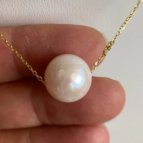 **SOLD** 12mm White Cultured Pearl Floating 14K Gold Plated 925 Silver - Picture 3 of 5